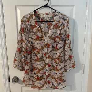 Antilia Femme Cream Brown 3/4 Sleeve Notched Collar Blouse